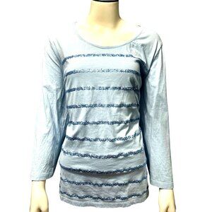 Chicos Light Blue Green Sequin Striped Long Sleeve Top Blouse Size 3